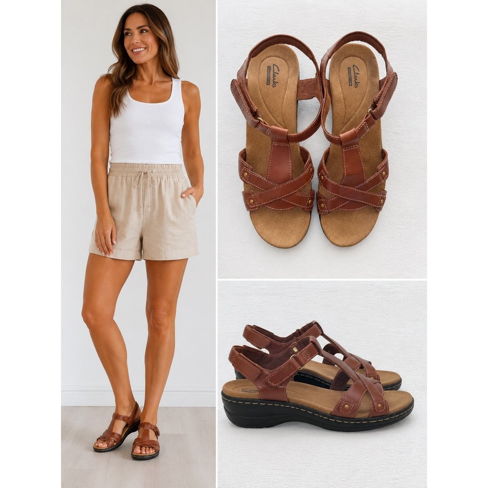 Clarks Collection Hayla Flute Brown Strappy Wedge Hook & Loop Sandals Womens 10M